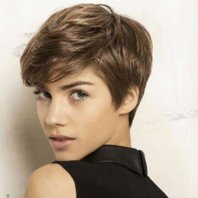 Tousled dark blonde pixie cut