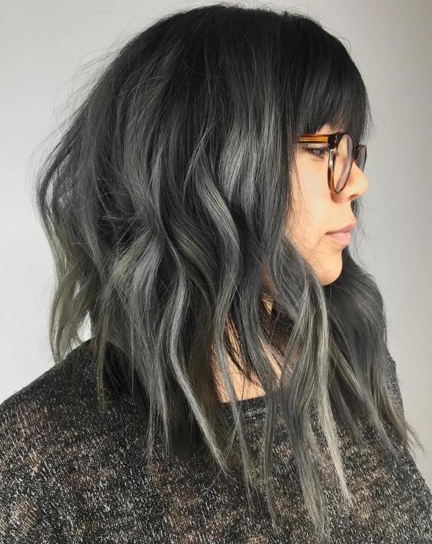 Black Angled Bob With Gray Balayage