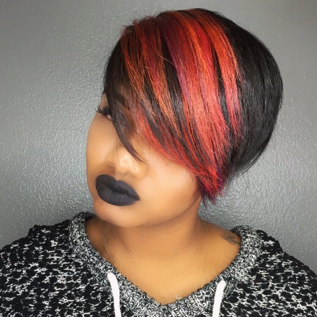 Black Pixie Bob With Red Highlights In Bangs