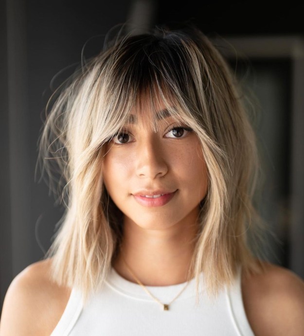 Blonde Lob with Curtain Bangs for Thin Hair