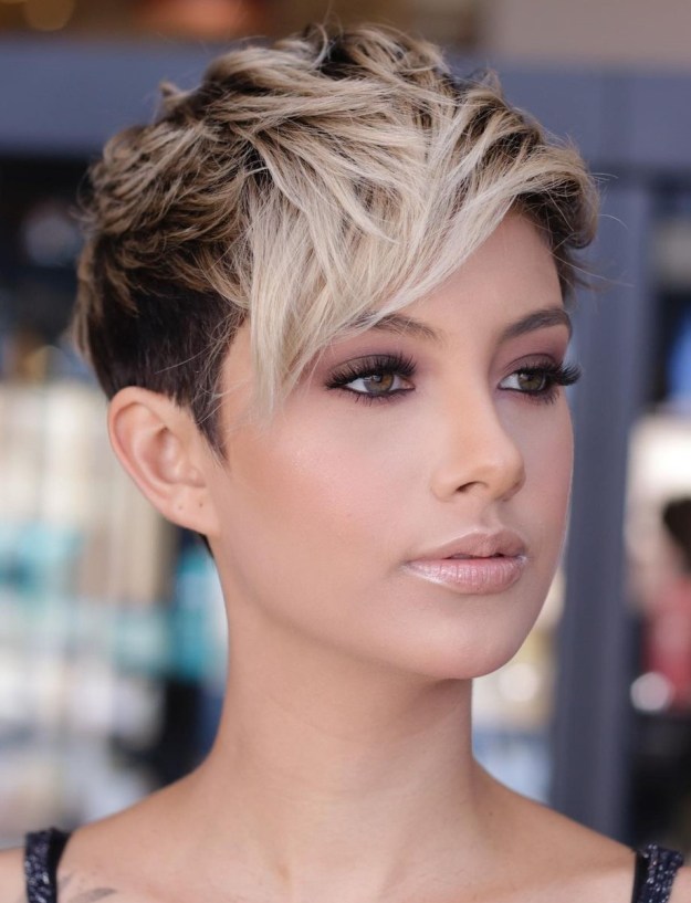 Brown Pixie with Platinum Blonde Highlights