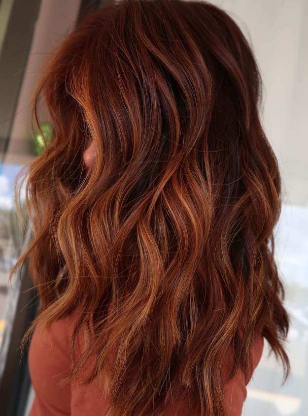 Brownish Red Hair Color with Soft Copper Streaks