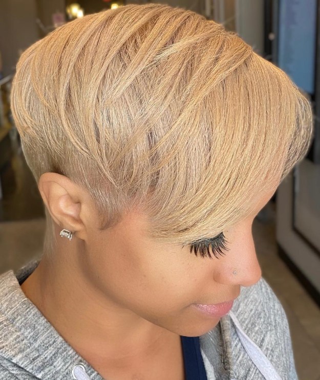 Butter Blonde Pixie with Long Hair on Top and Side Bangs