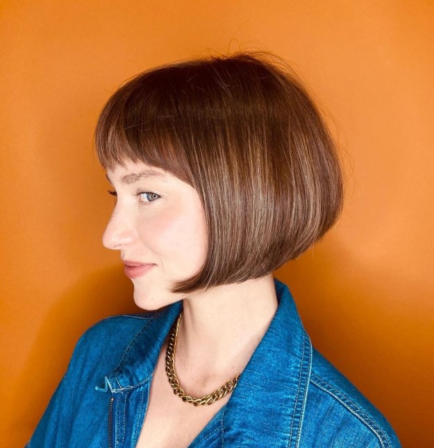 Chin Length Layered French Bob with Arched Bangs