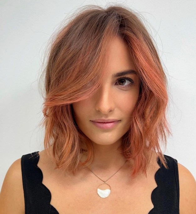 Copper Lob with Rose Highlights and Bangs