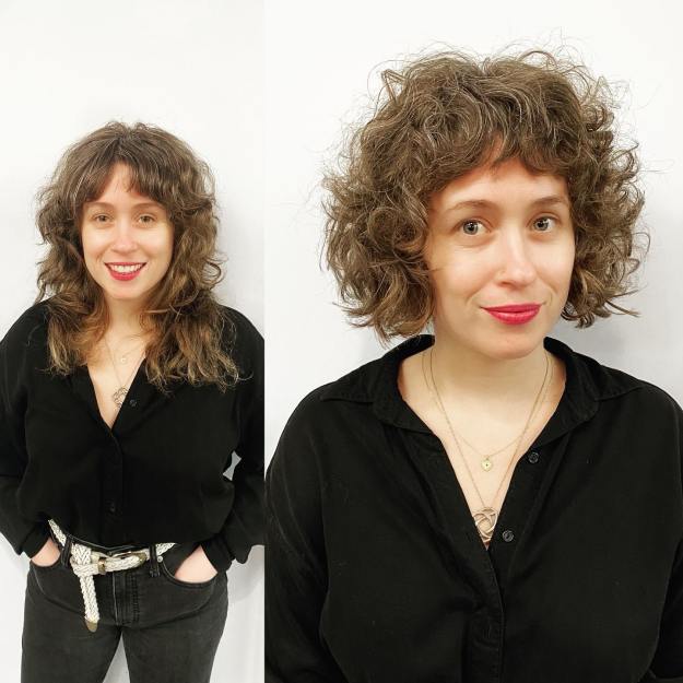 Curly Bob with Micro Bangs for Round Face
