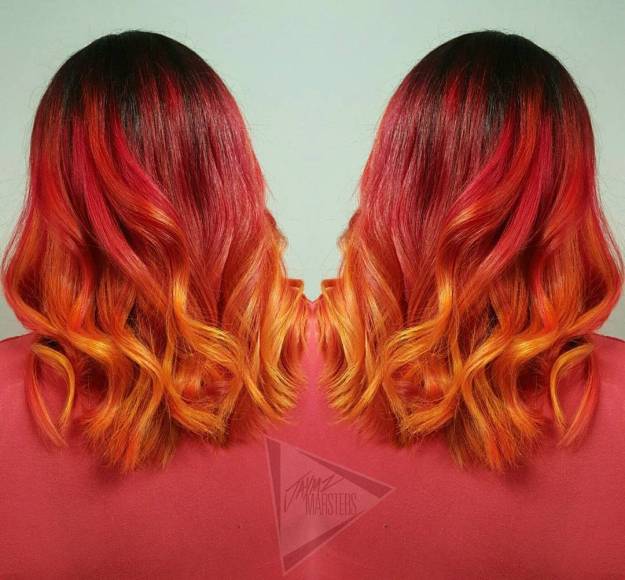 Curly Red And Orange Ombre Lob
