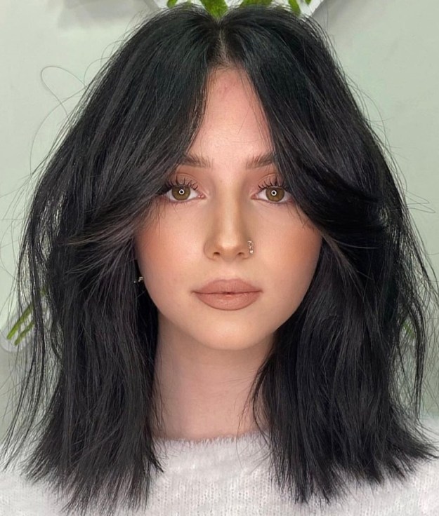 Cut with Bangs for Thick Dark Hair and Round Face Shape