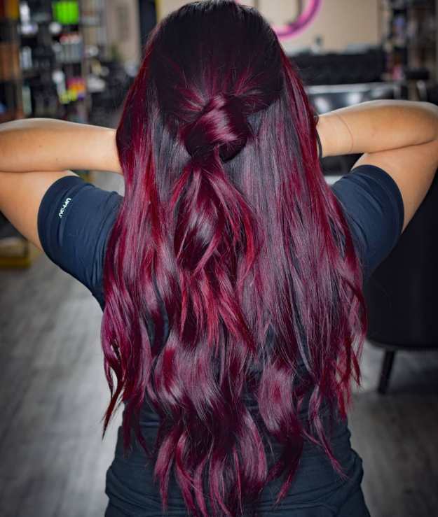 Dark Hair With Bright Burgundy Red Highlights