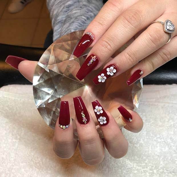 Dark Red Nails With Flowers And Rhinestones