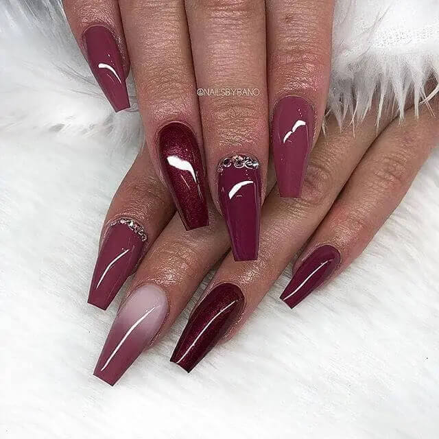 Different Shades Of Burgundy Nails With Multicolor Mani