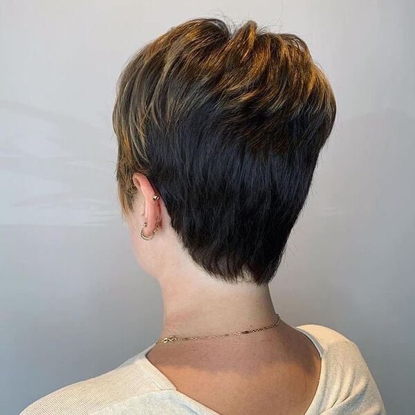 Edgy Pixie Back View with Tints - a woman wearing beige top