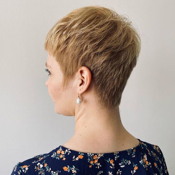 Edgy Pixie in Cool Tone - a woman wearing floral blue top