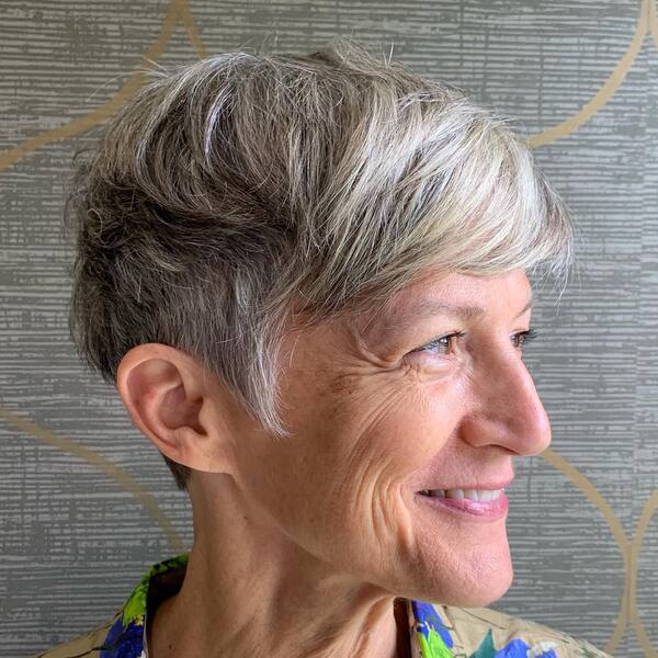 Edgy Side Fringe in Natural Gray Hair - a woman wearing vintage polo