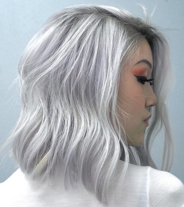 Icy Blonde Lob with Side Parting