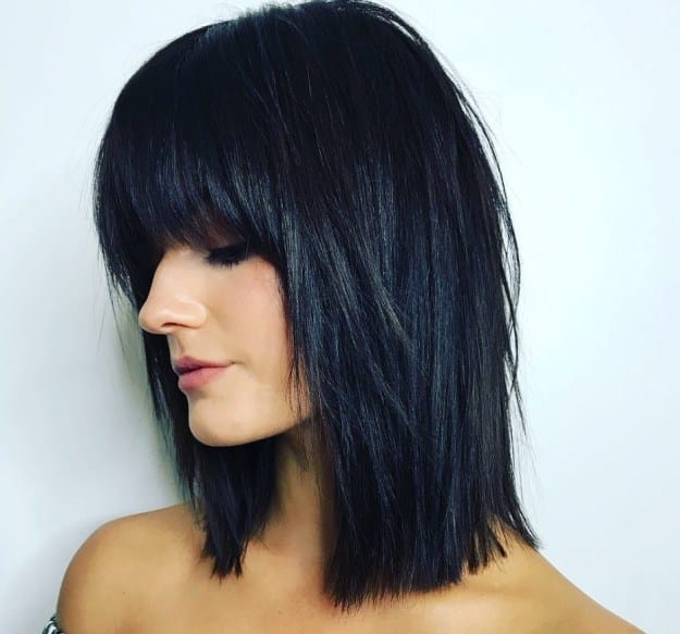 Jet Black Long Layered Bob with Full Bangs