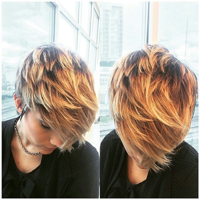Brunette ombre long pixie with golden highlights