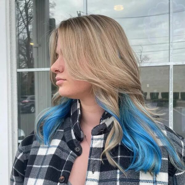 Light Blue Peekaboo Hair - a woman wearing a checkered longsleeve
