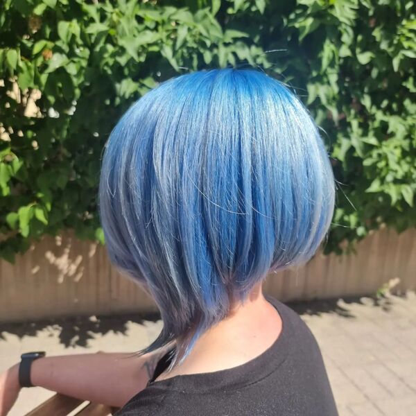 Light Blue Stacked Bob Haircut - a woman wearing a black shirt