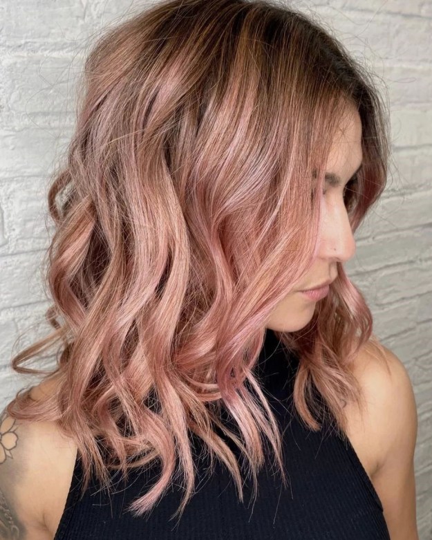 Light Rose Gold Lob with Brown Roots