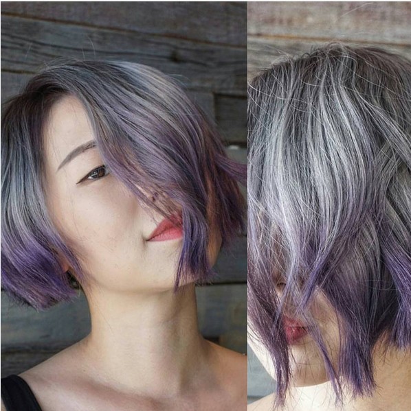Lob Hair Styles with Grey to Purple Hair Color - Short Balayage Hairstyles for Thick Hair