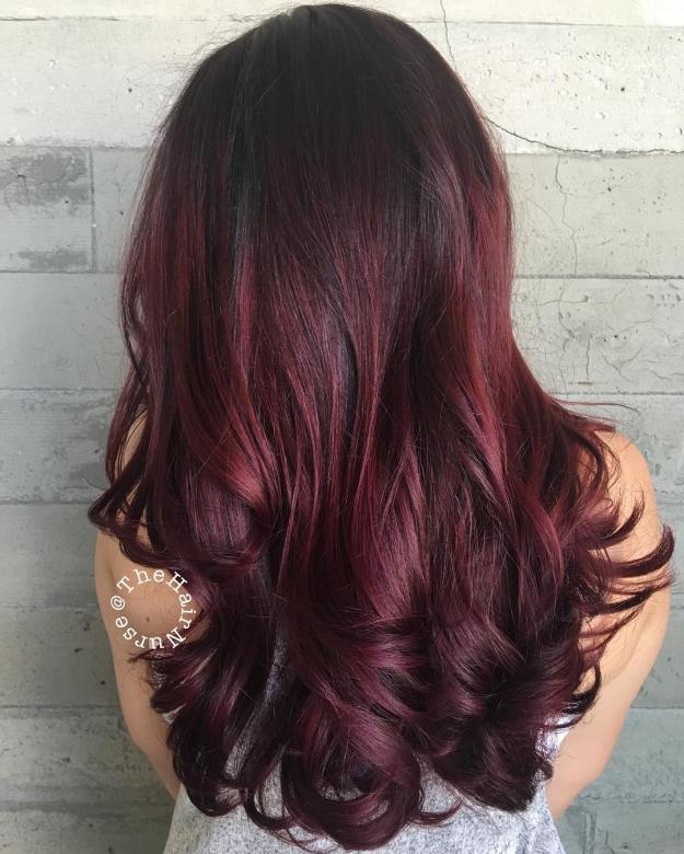 Long Burgundy Hair With Root Fade