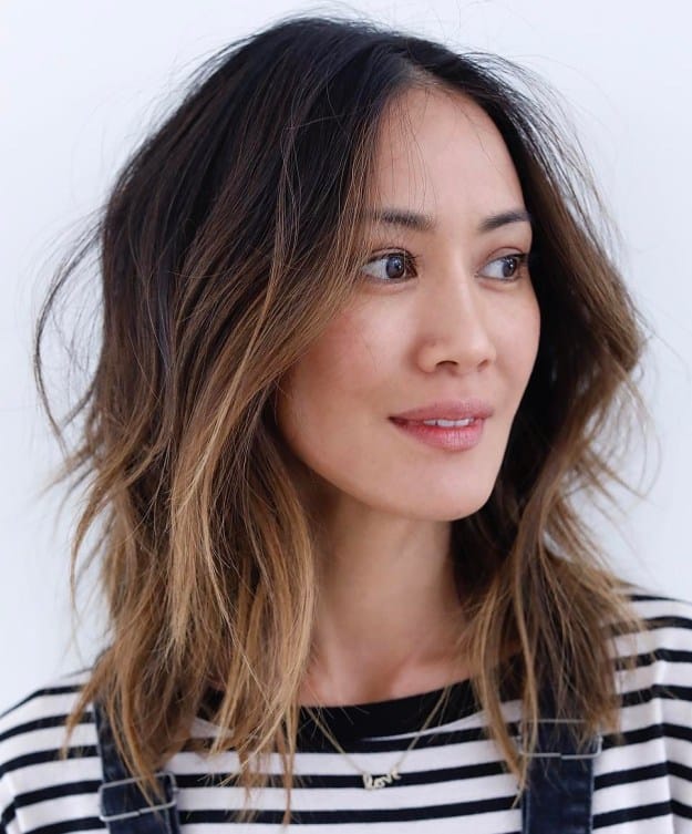 Long Choppy Brown Balayage Bob