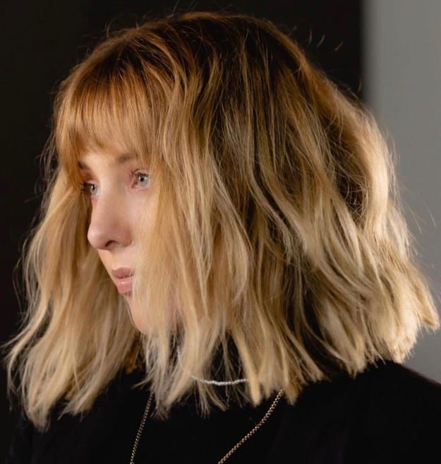 Long Dark Blonde Wavy Bob with Bangs