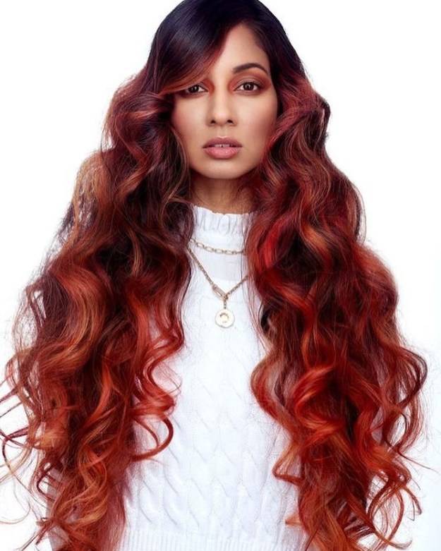 Long Dark Hair Balayage with Different Shades of Red