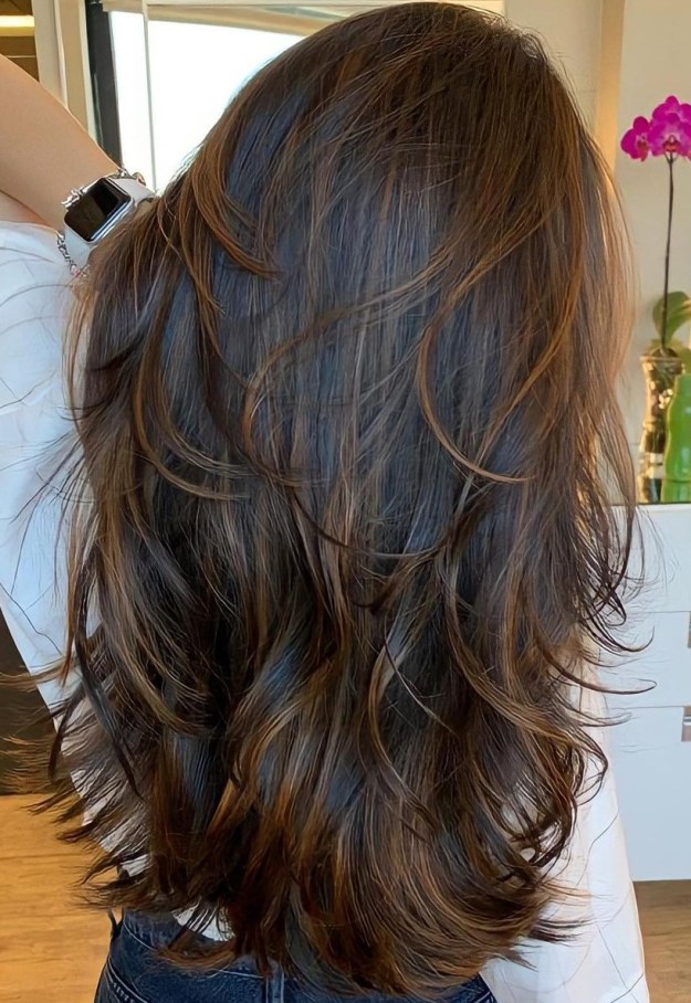 Long Dark Hair with Babylights and Short Wispy Layers