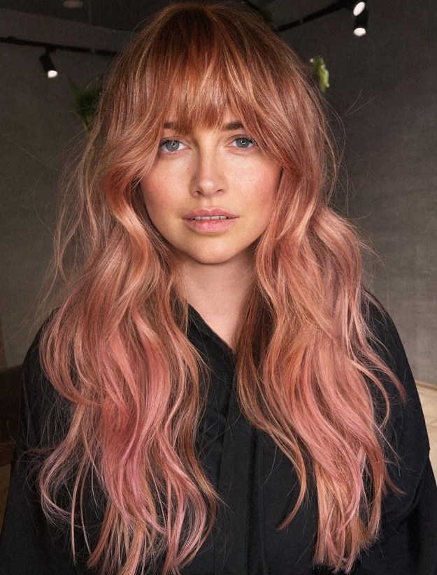 Long Peachy Rose Gold Hair with Bangs