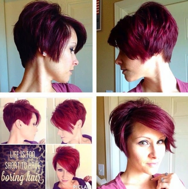 Wine-colored long pixie cut
