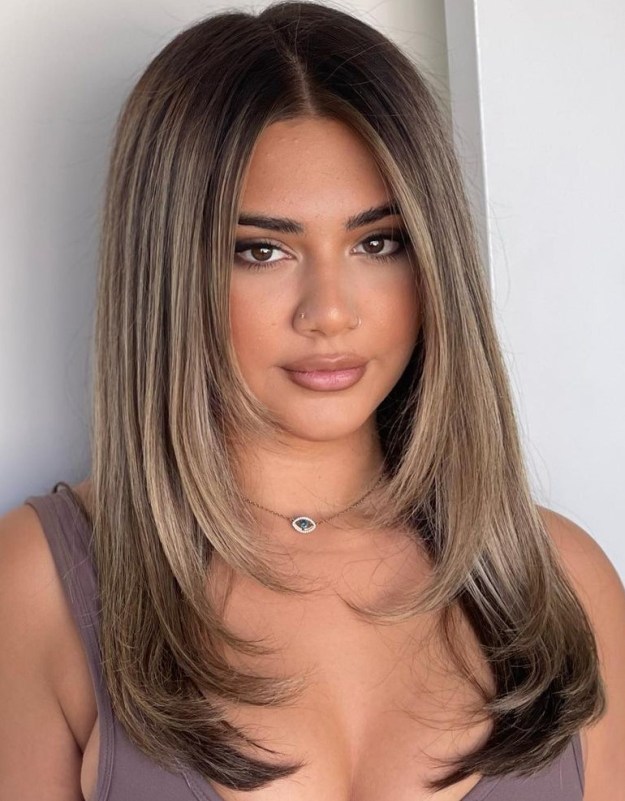 Long Straight Hair with Blonde Balayage and Front Layers