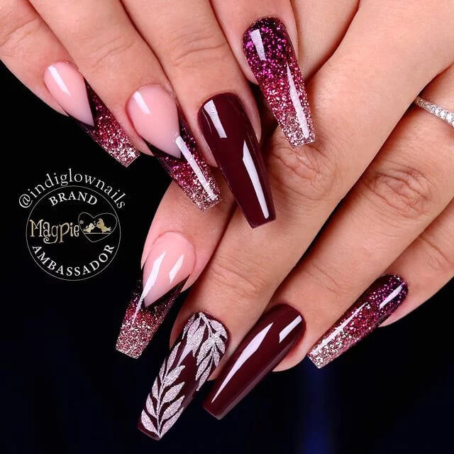 Matte Burgundy Stiletto Nails With Sparkly Leaf Branches