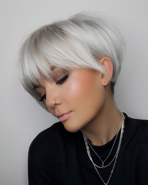 Metallic White Long Pixie with Full Bangs