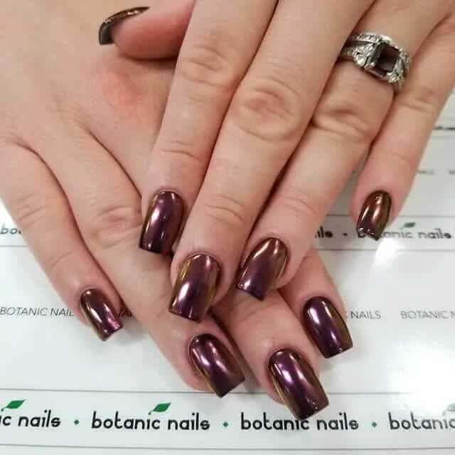 Mocha Red Chrome On Classic Square Burgundy Nails