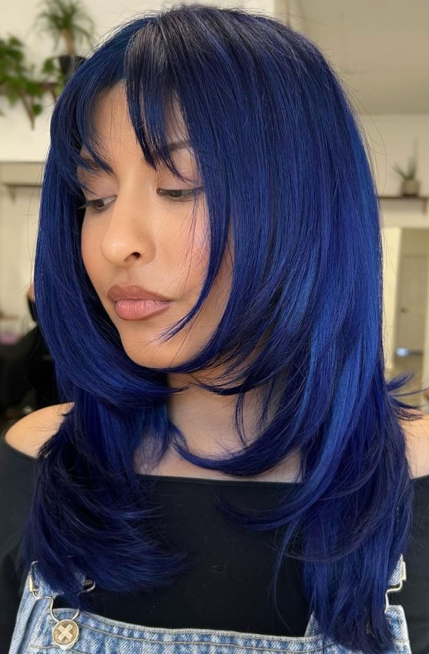 Modern Blue Black Rachel Cut with Bangs and Layers