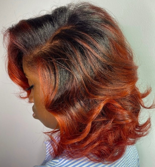 Natural Black Hair with Red Balayage