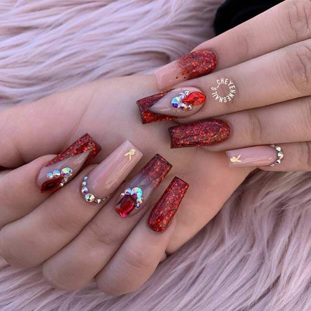 Nude And Red Glitter Nails
