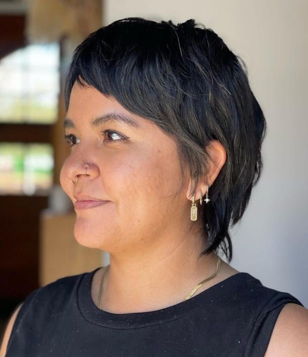 Pixie Mulet with Layered Bangs for Round Faces