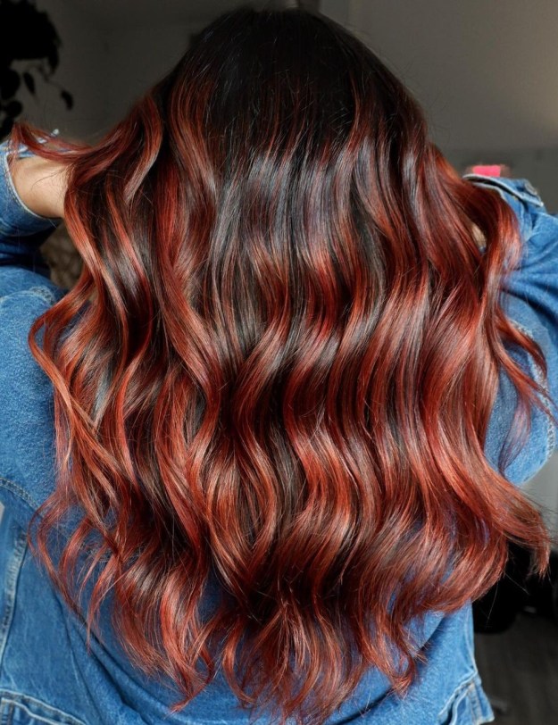 Red Balayage on Dark Brown Locks