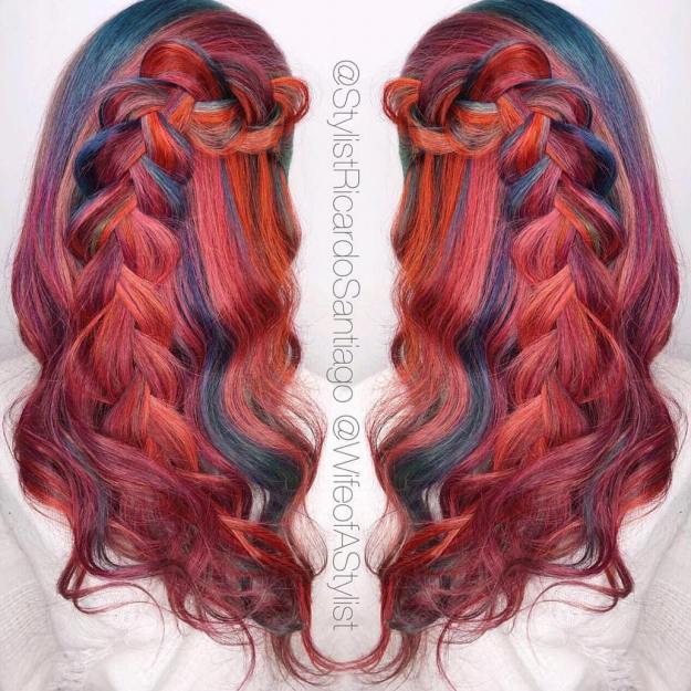 Red Hair With Blue And Orange Highlights
