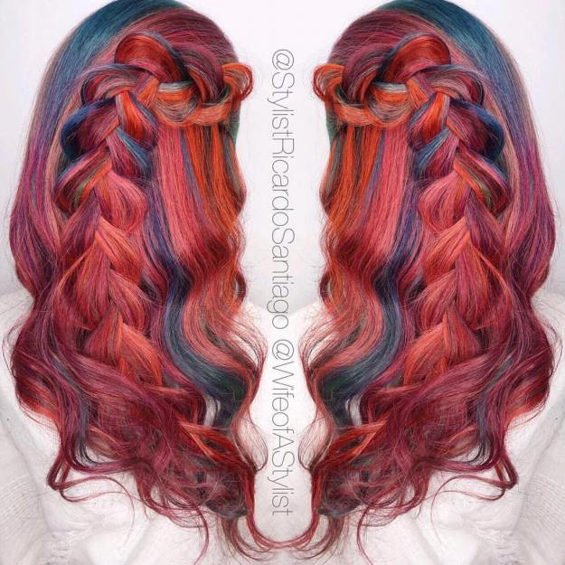 Red Hair With Blue And Orange Highlights