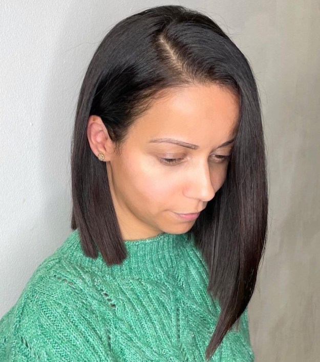 Sharply Angled Bob Haircut Styled with Side Part