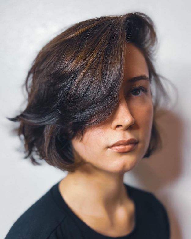 Short Brown Layers with Side Swept Fringe