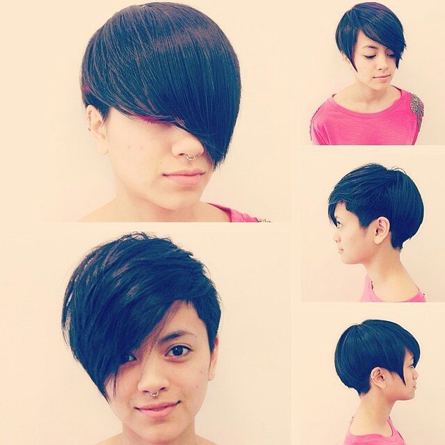 Asymmetric pixie with angular bangs