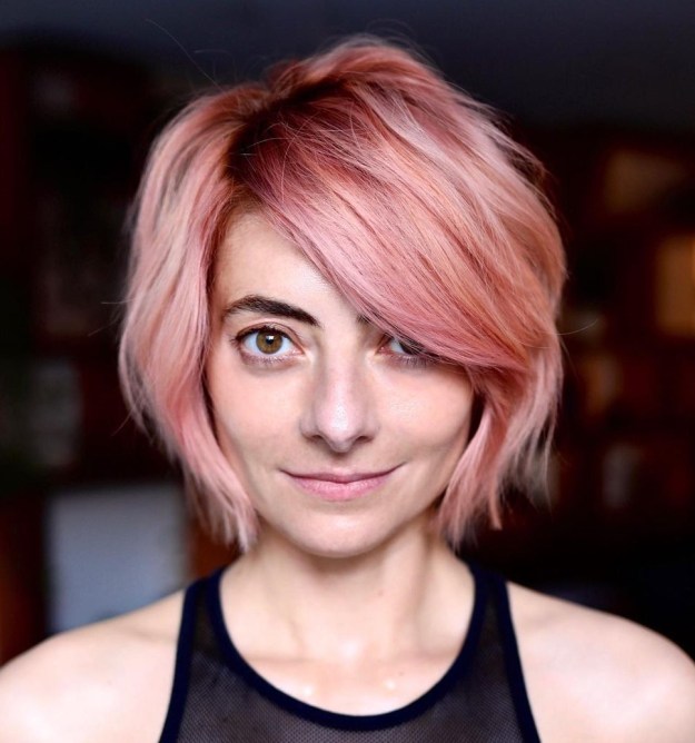 Short Rose Gold Side Swept Bob with Shadow Roots