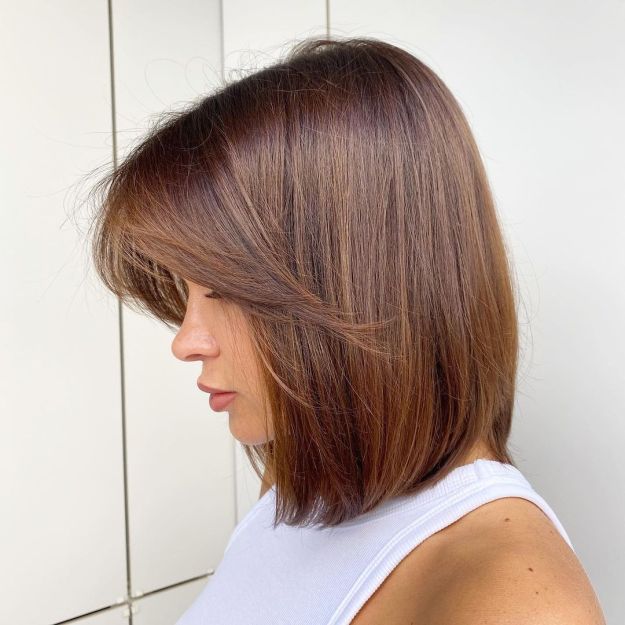 Shoulder Lenght Brown Bob with Layered Curtain Bangs