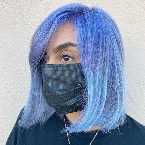 Shoulder-Length Periwinkle Light Blue Hair - a woman wearing a black facemask