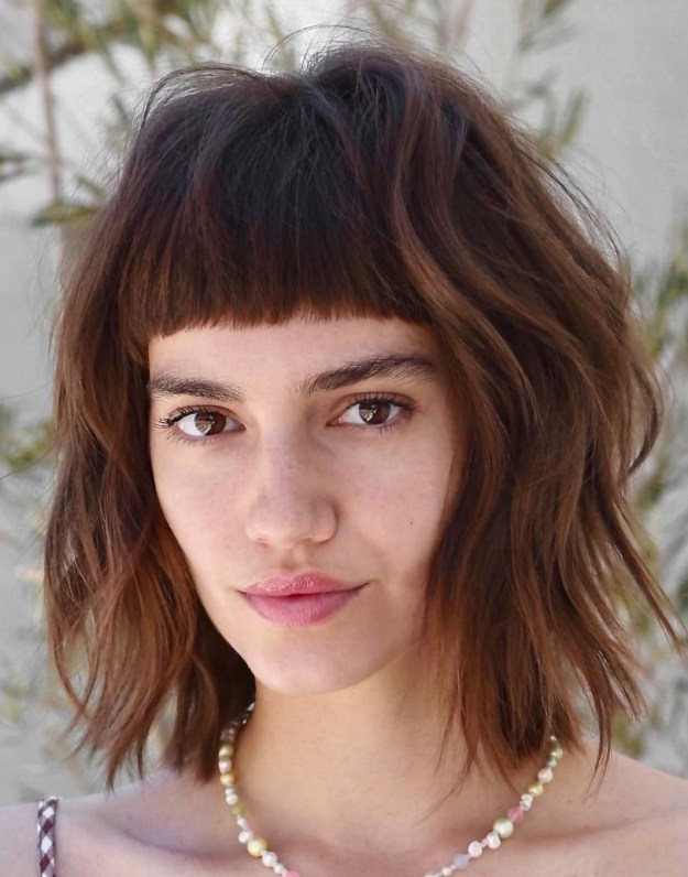 Shoulder Length Wavy Bob with Short Blunt Bangs